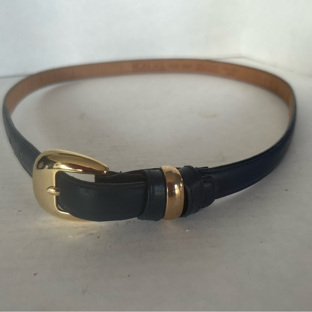 Vintage Honors Elegant Navy Blue Leather Skinny Belt with Gold Buckle